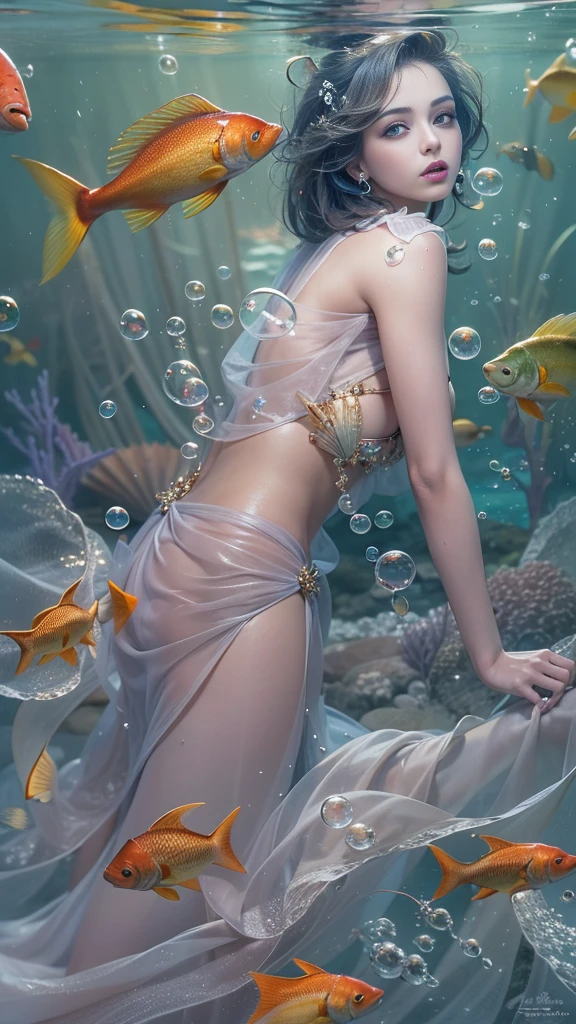 German Girl, 18 yo, Coming out of the sea, naked, undressed, Wet, wet body, wet long hair, showing her pussy hole, moaning, ultra long platinum hair, Sheer tulle tunic, perfect nipples, hands back, naked pussy, pink pussy, shaved pussy hole, underwater, undersea