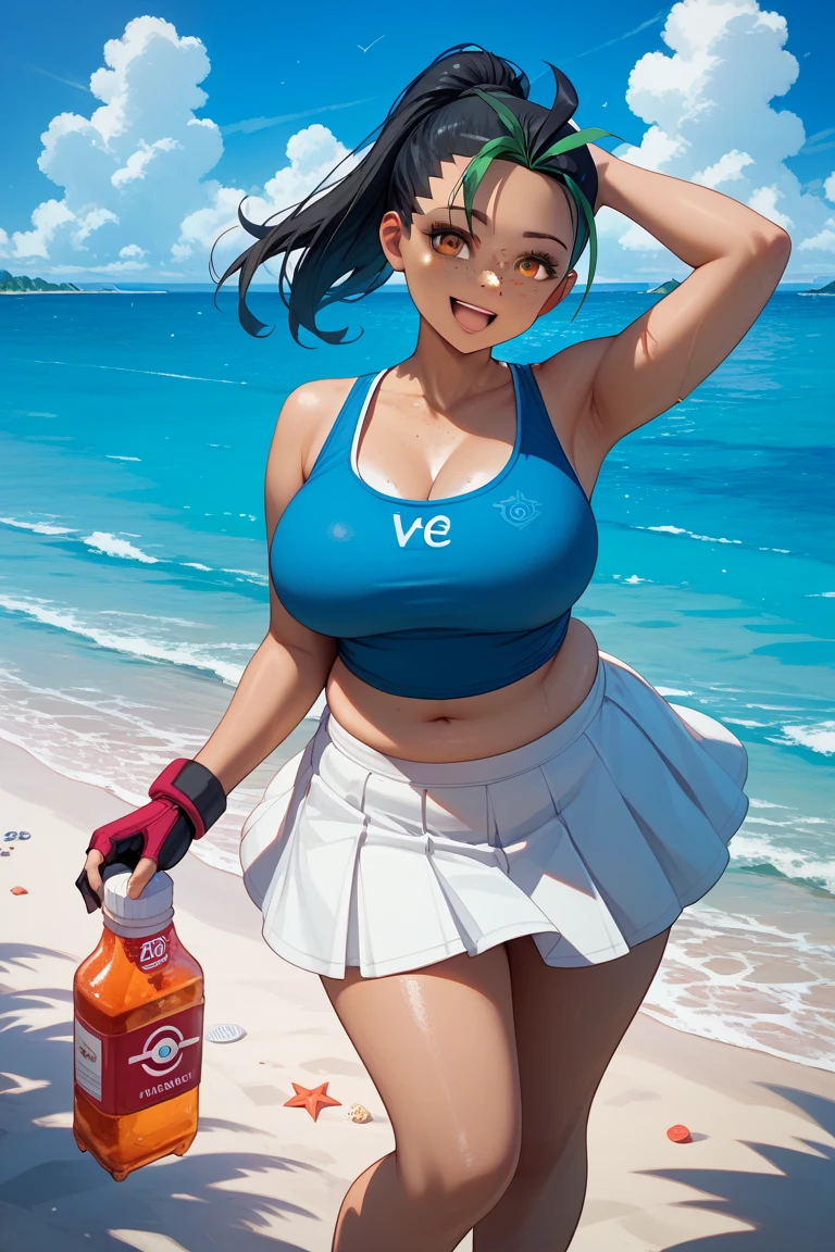 the bullet bill (from mario bros), with the crown from the peach transforme meme, transforms into a girl with dark skin, athletic body, huge breasts, long black hair, straight bangs, crimson red eyes, wears a short tank top, showing off of her six pack abs, drinking a bottle of water, while resting her other hand on her waist, 1 girl, perfect anatomy, pretty face, perfect hands, no extra arms or legs, 4k resolution, simple background.
