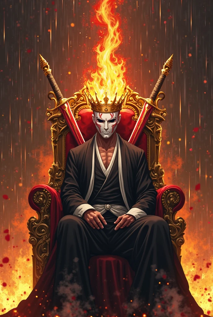 This is a logotype, a Bleach anime Ichigo style white mask with red lines in a golden crown in flames is sitting on a golden throne, it's meaning absolute power, there are 2 bloody swords behind the throne, in the background there is a fire rain, the general atmosphere is lack of hope, it's a symbol of despair.
