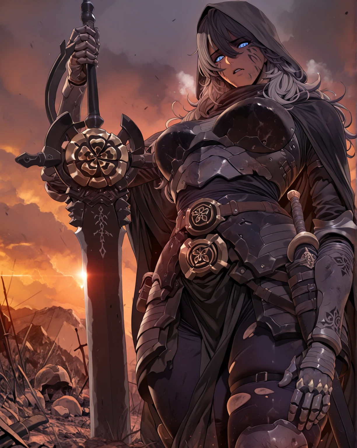 (oda non-style:1.2), (yd \(orange maru\)-style:1.4), ((Cinematic, UHD, dynamic lights, high contrast)), comic, score_9, score_8_up, score_7_up, score_6_up, score_5_up, score_4_up, uncensored, detailed background, vignetting, masterpiece, Cinematic, high quality, absurdres, best quality, very aesthetic, newest, digital art, trending on ArtStation, ((anatomical correct)), perfect body, perfect eyes, perfect fingers, gasping, heavy breathing, gasping profusely, cinematic, ((skindentation)), ((curvy)), Teresa_Corrupt, facial tattoo, facial mark, blue eyes, long hair, grey hair, black hair, hair between eyes, bright pupils, plump, weapon, sword, gauntlets, armor, solo, holding, cape, holding_weapon, holding_sword, outdoors, sky, belt, hood, looking_at_viewer, sheath, cloud, parted lips, sunset, standing, black_cape, cloak, planted, ((dirty, dusty))