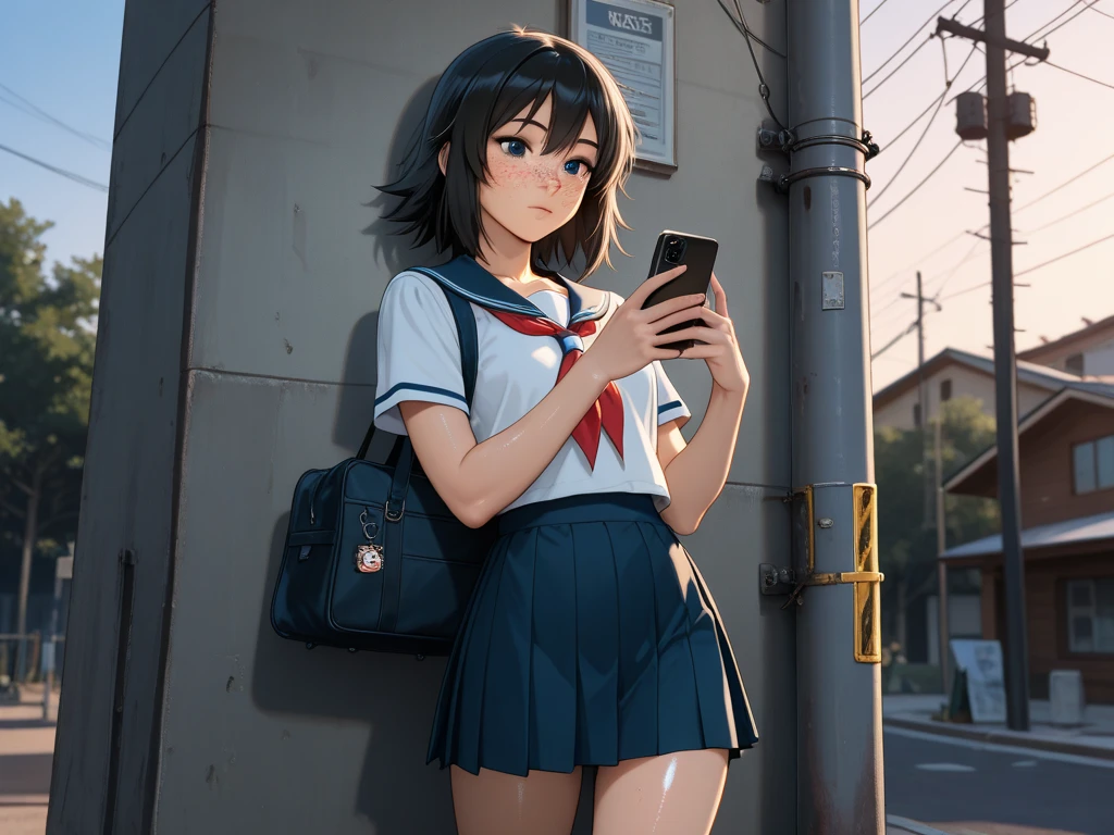 Makoto Shinkai, anime,asian young girl 、 bungs、freckles、high school girl、Black Haired, (detailed eyes) ( beautiful background), (Lean on a telephone pole)  shiny skin,, very detailed, Great Work，vitreous luster , (looking at the smartphone) cowboy shot,