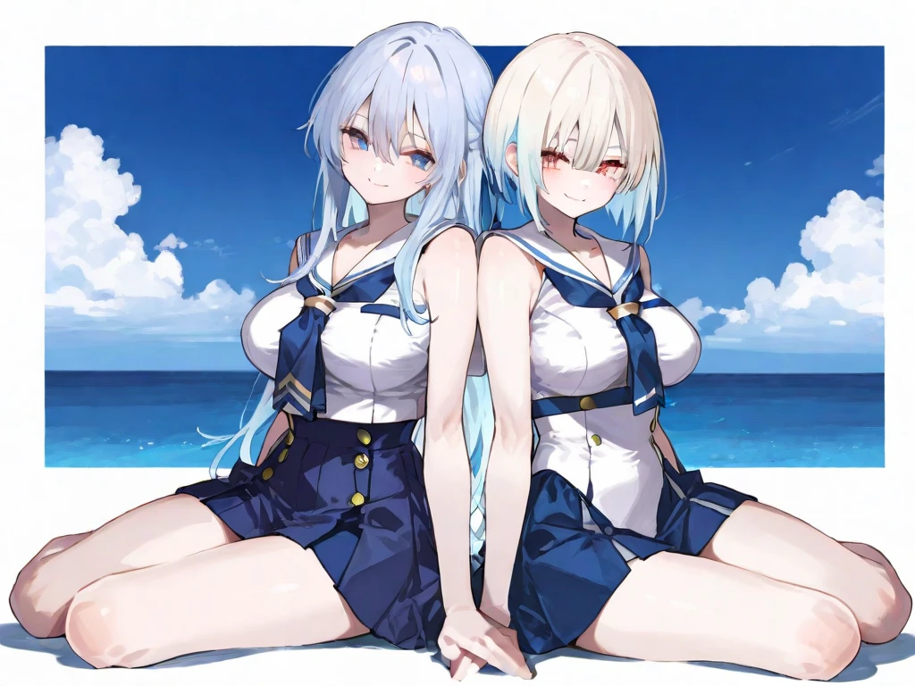 2 people,Swimwear,Blue Hair,White Hair,ponytail,Lesbian,Holding hands