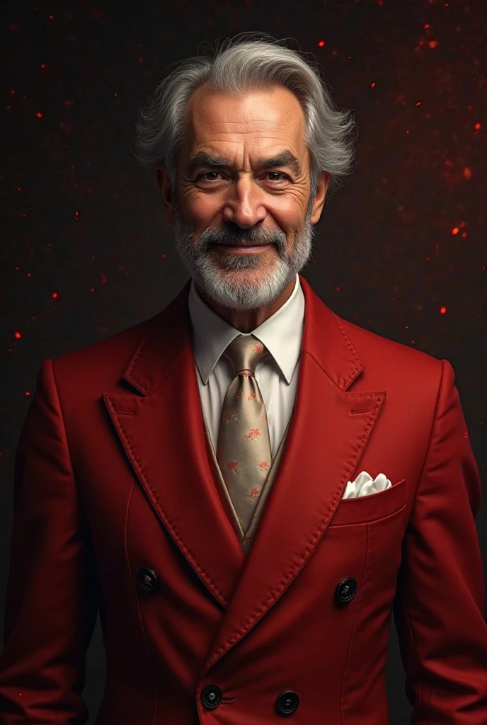 man of 50 years,of white skin,dark black eyes,Red and white suit, with a smile on its face ,on a dark and red background 