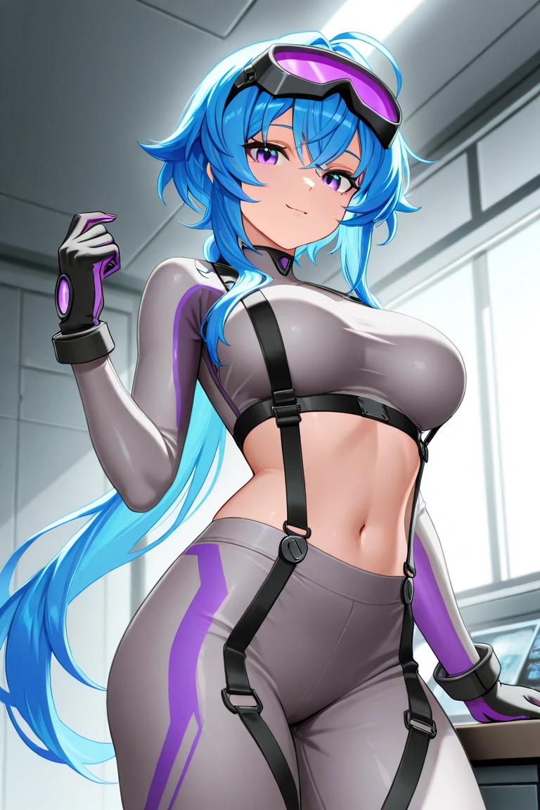 sexy girl with long ice blue hair and shiny eyes, Lehnen Sie sich zum Betrachter, Hand on hip, beuge dich zum Betrachter vor, kurvig, thigh highs, wide hips, schmale Taille, Titten normal, nice ass, kleine Schultern, Bodysuite sieht aus wie Cyborg, feminin betont