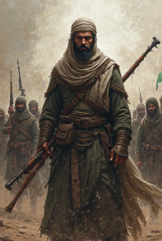 A brave Muslim warrior with a weapon in front. And behind him, more than 30 Palestinians are fighting Muslims. pohoto siza 1280×717