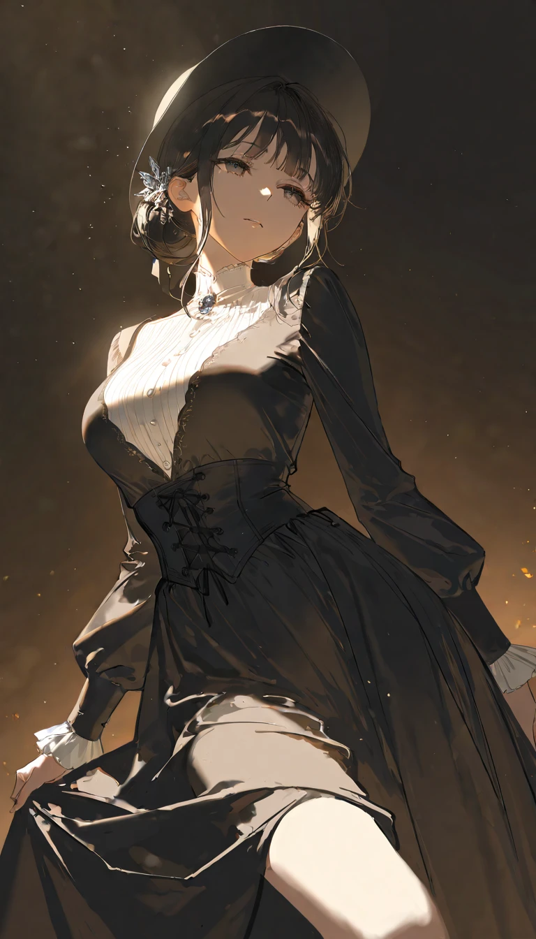 whole body, (collared shirt dress), absurdres, extremely delicate and beautiful, masterpiece, Best Quality, ultra high resolution, 32k, ultra-detailed description, tearful mole, earring, Colossal tits, short medium wavy hair,