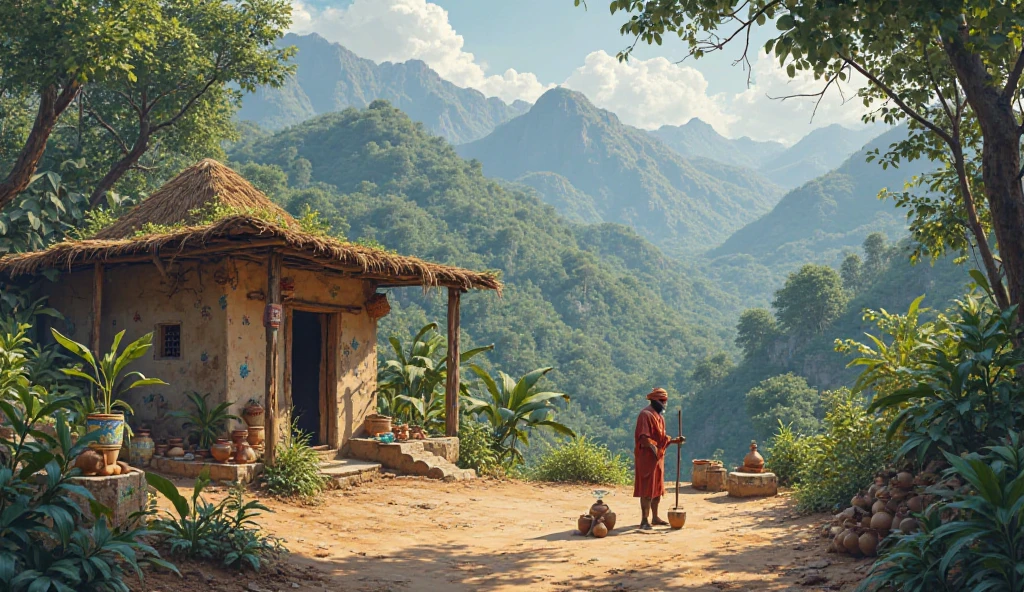 In ancient India in jungle side a small village  which is surrounded by mountains  there a small house a potter live in making clay utensils outside his house 