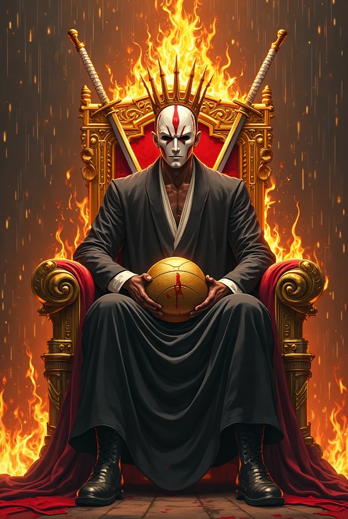 This is a logotype, a Bleach anime Ichigo style white mask with red lines in a golden crown in flames is sitting on a golden throne and holding a golden football, it's meaning absolute power, there are 2 bloody swords behind the throne, in the background there is a fire rain, the general atmosphere is lack of hope, it's a symbol of despair.