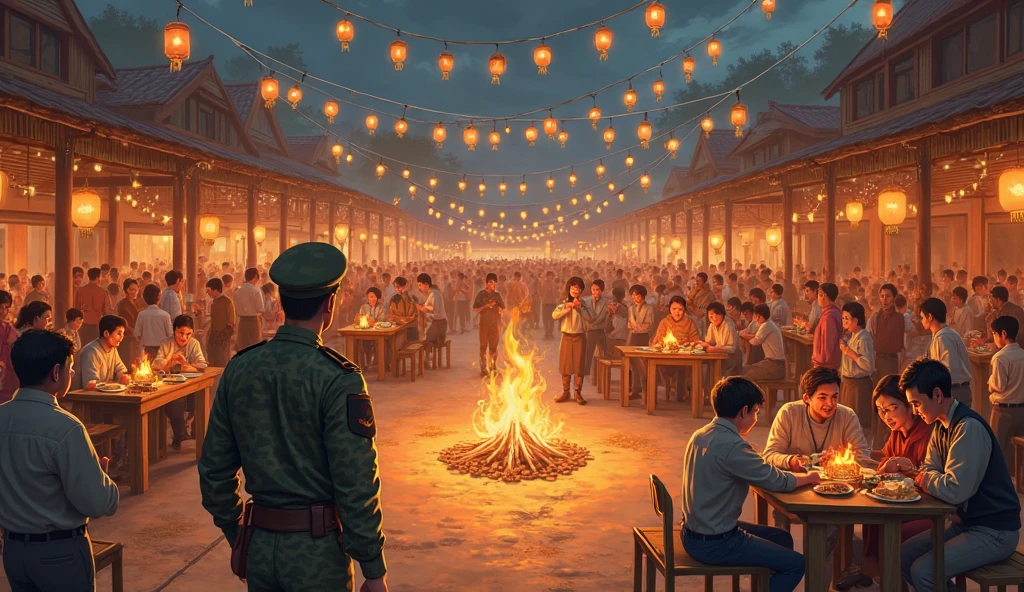 Illustrate a lively village square filled with celebration—bonfires crackle, ren dance, and elders share stories under strings of lanterns. The soldier walks among the crowd, shaking hands and accepting gratitude. His humble demeanor contrasts with the joyous chaos around him. Tables are laden with food, and musicians play traditional instruments, creating a festive atmosphere. Warm firelight illuminates smiling faces, emphasizing community spirit. Rustic details like thatched roofs and wooden carts add authenticity. This image radiates warmth, inclusivity, and the restoration of peace.