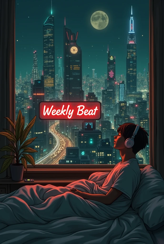  It should look like a retro cyberpunk city dressed in tech,anime vibes,  full of neon lights ,  and futuristic buildings ,  looking at the city from a large open window, Profile of a man lying in bed listening to music  . The atmosphere is vibrant and, headphones and other glowing gadgets such as headphones are lively ,  LED bulbs , Cities are , in an animated illustration of a cyberpunk city street scene, high resolution,  photographed in vivid detail ,  the background is a neon-lit cityscape , anime vibes,  Give the cyberpunk vibe a touch of intimacy and kindness , The wall is decorated in the center with the letter "Weekly Beat" in neon light, anime vibes, eye level camera angle --s 500 --v 6 .0 --no 3D effect, anime vibes, 