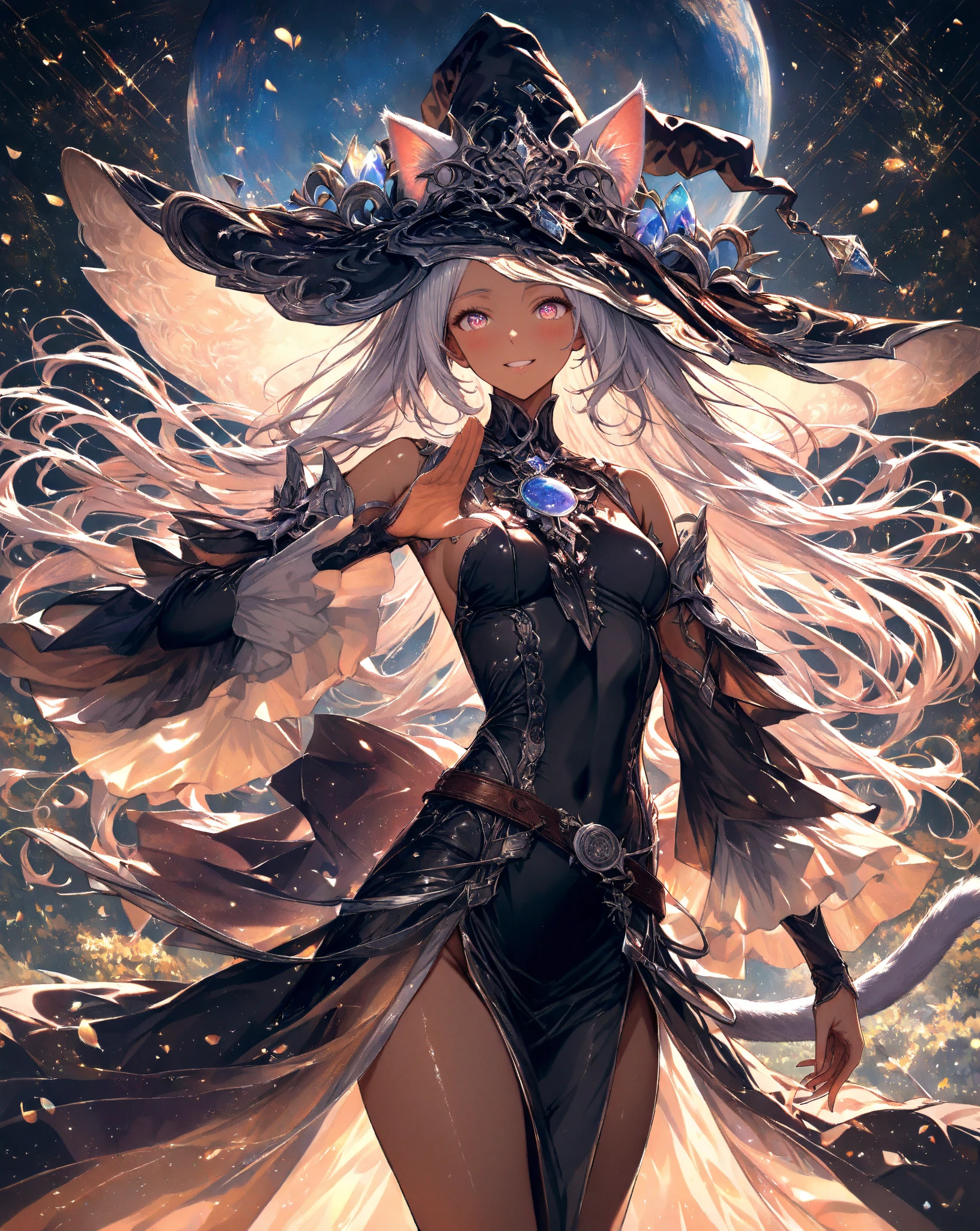 1girl,(Tattered clothes:1.1),long white hair, (white stockings:1.1),white large witch hat,witch costume, Ride broomstick, dark skin, <lora:granblueFantasyStyle_ver10:0.7>
