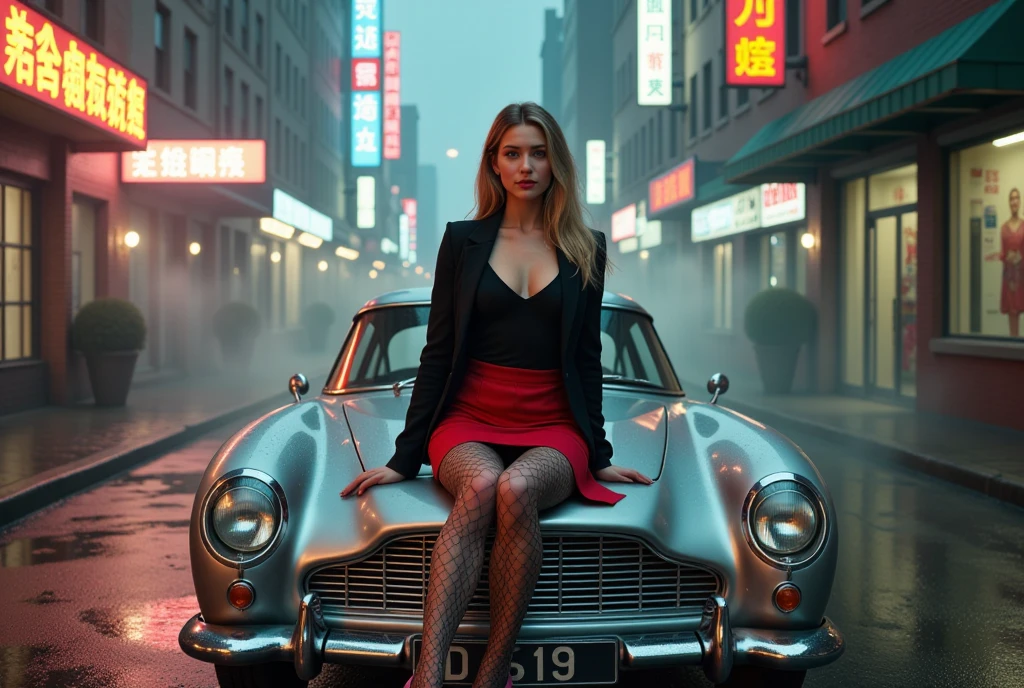 Retro sexy  young girl, white skin, black jacket, blouse, red skirt, black lace tights, pink high-heeled shoes, Sitting on the hood of the 1950 silver Aston Martin car, homeless, a street wet, Fog on the street Makeup, Gradient Hair Color, buildings, starry night Cinematic lighting, semitone, Chiaroscuro, UHD, Very detailed, High Quality, The best quality, Post-apocalyptic world alley, Underworld laser rays, Cloudy skies and fogs Big breasts,  breasts, Imax Cinematic lighting, bright light,  Overexposure, High Quality, Cyberpunk Big Breasts,  breasts, UHD, from above, Suburb Makeup,  Top teeth , Blush all over the face, red lips, Blushing ears, niebla electrica , shoulder-length fireworks, Neon graffiti, luz en la cara from above 