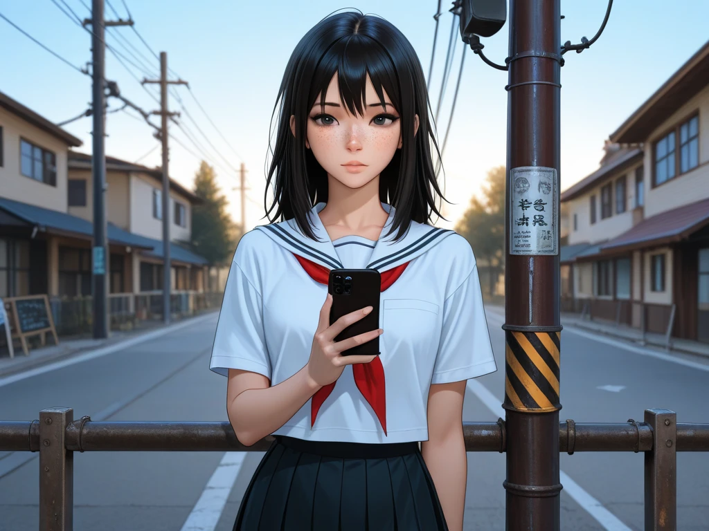 Makoto Shinkai, anime,Asian Young Girl 、 bungs、freckles、high school girl、Black Haired, (detailed eyes) ( beautiful background), (Lean on a telephone pole)  shiny skin,, very detailed, Great Work，vitreous luster , (looking at the smartphone) cowboy shot,