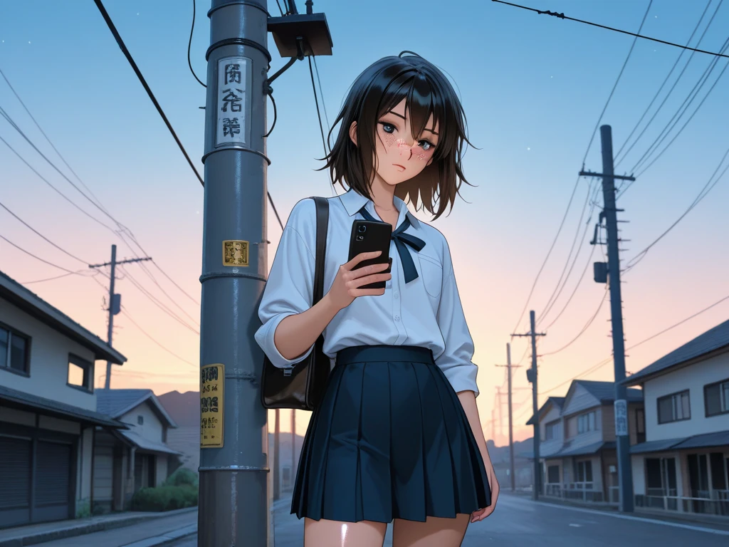 Makoto Shinkai, anime,Asian Young Girl 、 bungs、freckles、high school girl、Black Haired, (detailed eyes) ( beautiful background), (Lean on a telephone pole)  shiny skin,, very detailed, Great Work，vitreous luster , (looking at the smartphone) cowboy shot,