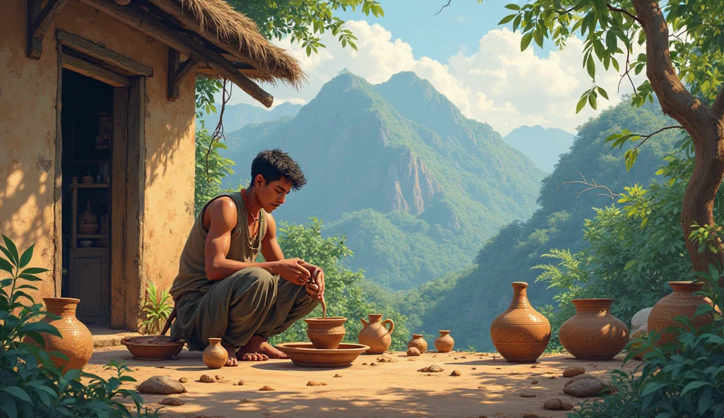In ancient India in jungle side a small village  which is surrounded by mountains  apotter making utensils outside his house with his hand  young potter 