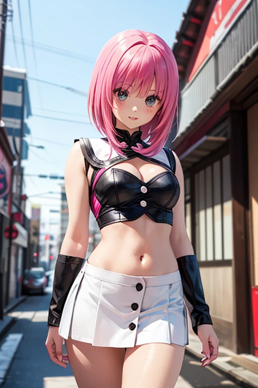 Highest quality, Ultra-high resolution, Realistic, NSFW, Cyberpunk one girl sexy pink hair、Taking photos in a studio environment with a gray background, View your viewers, Upper Body, thin, Visible cracks, Crop top,
