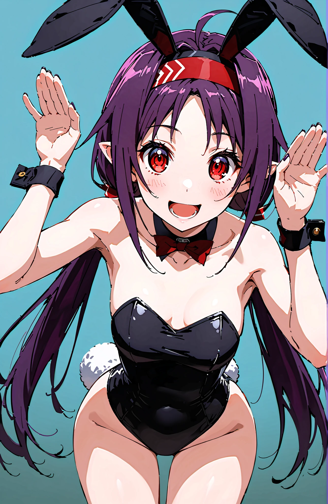 yuukikonno, yuuki konno, Headband, long hair, pointed ears, purple hair, red eyes,stupid hair,Low Twin Tails,smile,blush,open your mouth,bare shoulder,Bare clavicle,Bare neck,rabbit pose, Playboy Bunny, rabbit ears, strapless leotard, fake animal ears , rabbit tail, leotard, detachable collar, wrist cuff as pmaru,Bare legs,standing,full bodyがイラストに入るように,simple background,
break looking at viewer,full body,
break (masterpiece:1.2),top quality ,Kampala,unity 8k 壁紙,(shape:0.8),( fine, beautiful eyes :1.6),It's a person ,full body写真,CG Details , (perfect hand,Complete Anatomy),