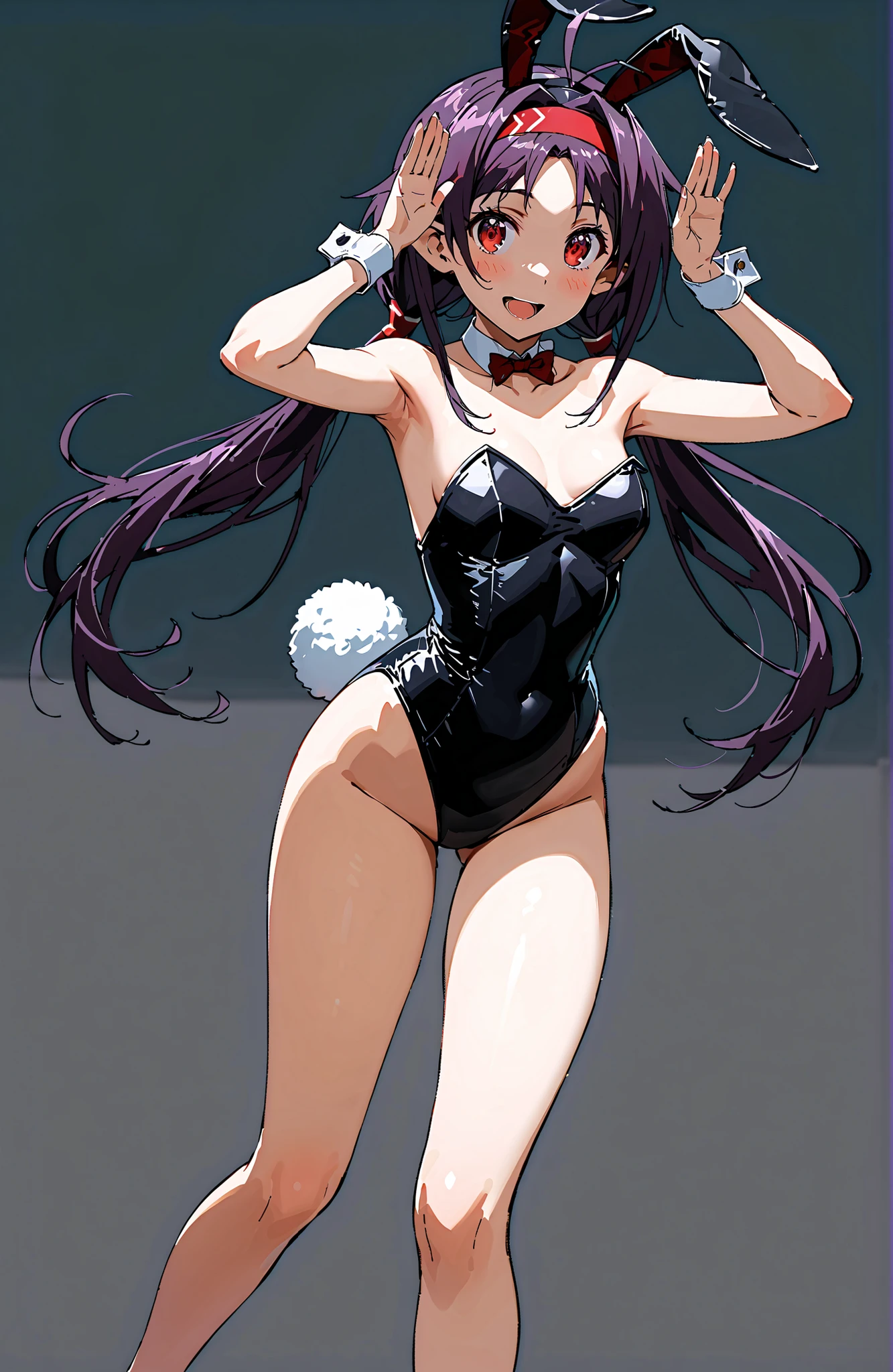 by lambda, 1 girl,
Wonder acute /(umamusume)/, simple background, straight on, full body, looking at viewer, standing, blush, sweat, shiny skin, playboy bunny, beautiful color, detailed, amazing quality, nsfw