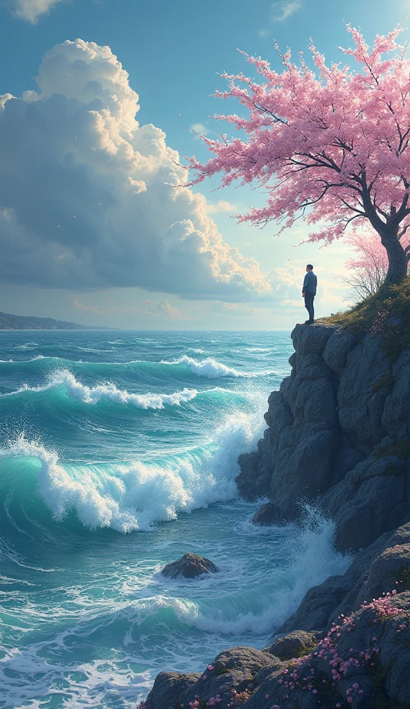 A turbulent spring sea under a dramatic cloudy sky. Waves crash against rocky cliffs, but a calm light glows on the horizon, symbolizing hope and wisdom. A lone figure stands at the edge, watching the ocean with a thoughtful gaze. The scene is rich in movement, with a fresh spring breeze and scattered cherry blossom petals in the wind.