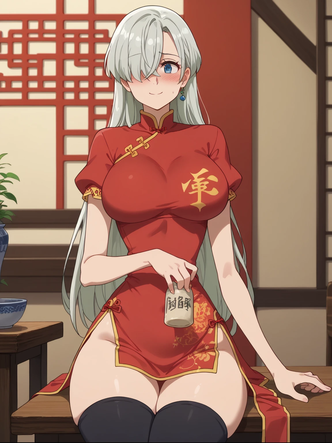 China，Tavern hostess，owner，Red Hanfu，Beautiful hair accessories，Stand up，front，Looking at the audience，Full Body Love，Standing solemnly，Smile，Spring breeze full of petals，Maximum chest，Bare thighs，Fully understand