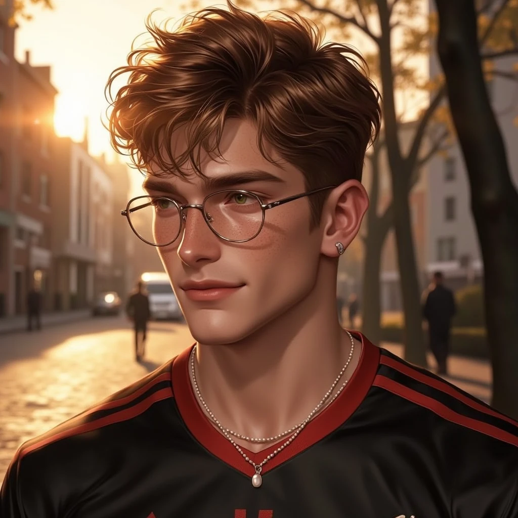 A semi-realistic portrait of a charming young man with tousled brown hair, vibrant green eyes, freckles, and a warm smile. He wears large round glasses, a black and red striped Liverpool football jersey, a pearl necklace with a hanging pearl pendant, and a silver hoop earring. His skin is smooth with a soft glow. The background is a realistic urban park scene at golden hour, with warm sunlight filtering through trees, cobblestone paths, and slightly blurred modern buildings in the distance