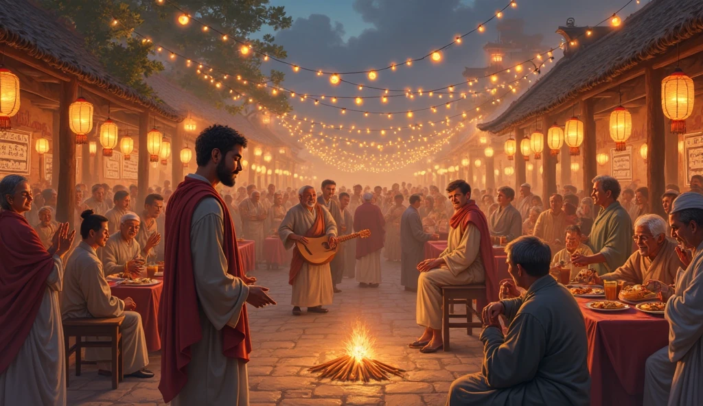 Illustrate a lively village square filled with celebration—bonfires crackle, ren dance, and elders share stories under strings of lanterns. The  young man has a slight beard   walks among the crowd, shaking hands and accepting gratitude. His humble demeanor contrasts with the joyous chaos around him. Tables are laden with food, and musicians play traditional instruments, creating a festive atmosphere. Warm firelight illuminates smiling faces, emphasizing community spirit. Rustic details like thatched roofs and wooden carts add authenticity. This image radiates warmth, inclusivity, and the restoration of peace.