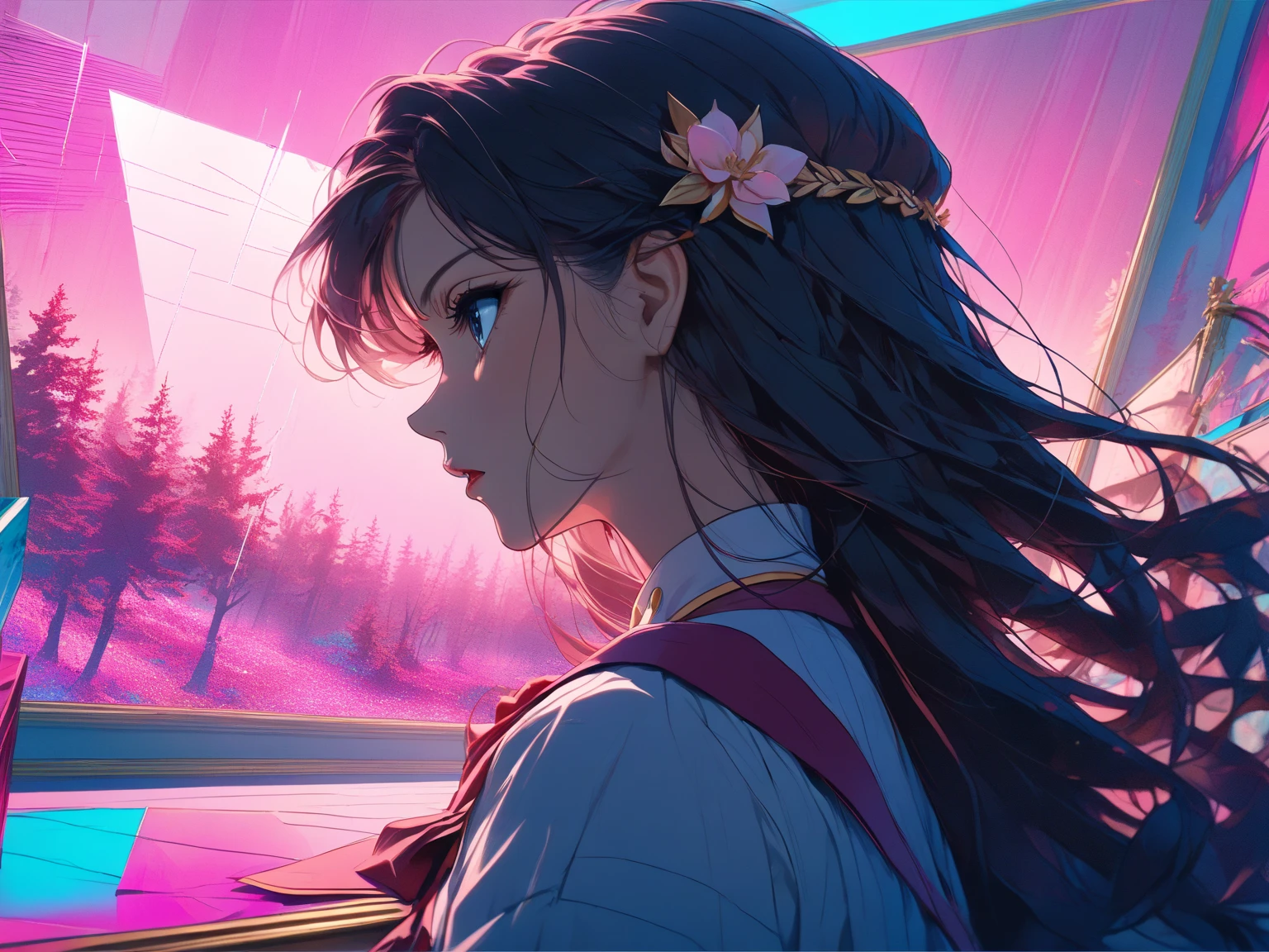 (Shoujo Kakumei Utena Style shadow picture:1.5),(sシルエット) ,(vaporwave:1.5),Cyber nostalgia explosion,Glitch Effects,pink gradation, (masterpiece, best quality:1.2, 8k,16k,high-resolution,(Mirror clock:1.3)（Dark Forest:1.3),Fantasy World、It suddenly happened one day, and the beginning was a letter, and the sender lived a long time ago, such a mysterious encounter

There are things like this in my time now, and we live like this, a romance that somehow blossomed while we were putting it into letters and communicating with each other

Words spelled from each of our worlds that we will never meet without even knowing how to solicit feelings

I'm always waiting impatiently for your words, I live in a different era, but I want to communicate with you over and over again if your wishes come true, I want to meet you because it's fine at first sight because I like you

What I suddenly remembered was the era you live in, what will happen tomorrow, if I have to tell you sad things, please wake up, miracle

Passing by and the changing seasons, letters that have been interrupted since then, only words that don't arrive anymore tighten my heart

I'm still walking in the future that you wanted to see 100 years far away, now I'm still walking, the letter that arrived to me with painful feelings in my heart looks familiar and the characters I've been waiting for

It's the last love letter you wrote to me beyond that day, I'll hold on to the proof that you lived in your time even after eight generations, and I'm going to tell you all that I see in my time someday