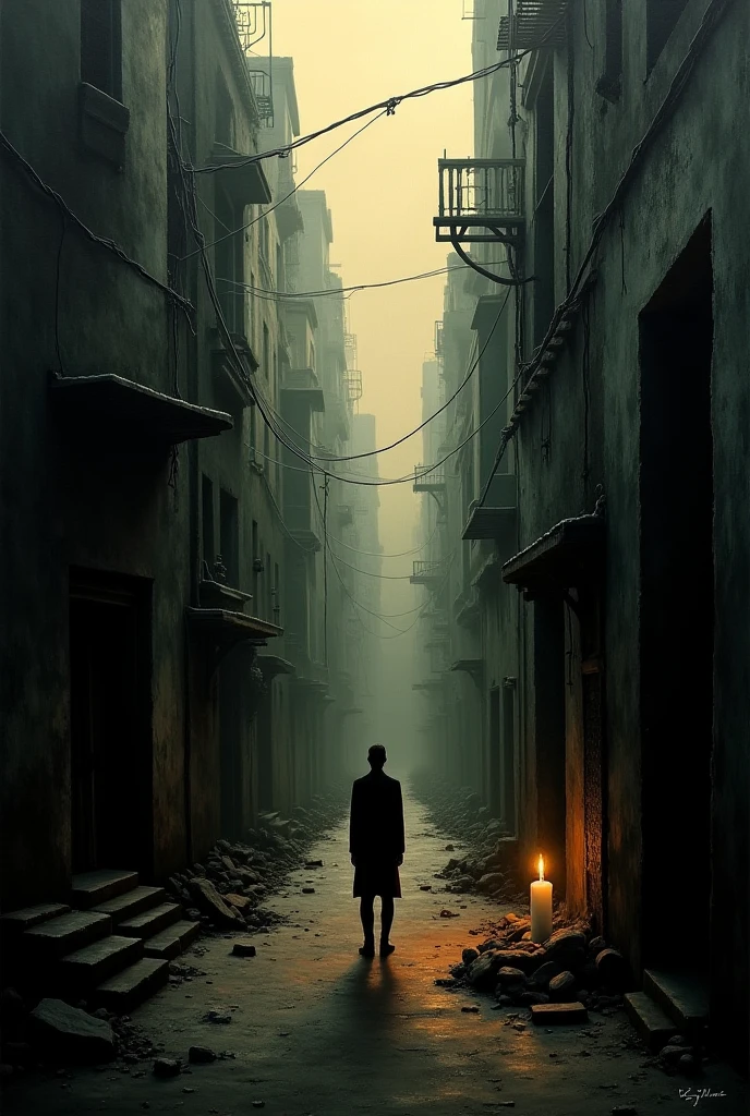  A painting about a dark and dark city that shows the light of a candle shining light and a guest in the style of Picasso 