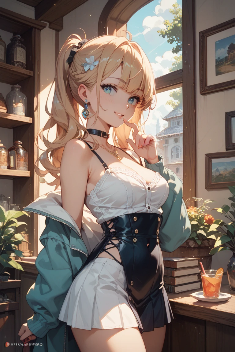 最high quality、best image quality、masterpiece、girl((20-year-old、 By becoming、vest bust、medium bust,wide open breast tea、shining eyes, blonde、long hair、thin,highest valley、ponytail、very short t-shirt、short belly skirt、Please bring a digital camera、smile、forward leaning movement、diamond earrings)),high quality、beautiful art、background((museum))、Flight、debris flies、Depth of written boundary、movie、visual art、perfect art、8k,genuine、