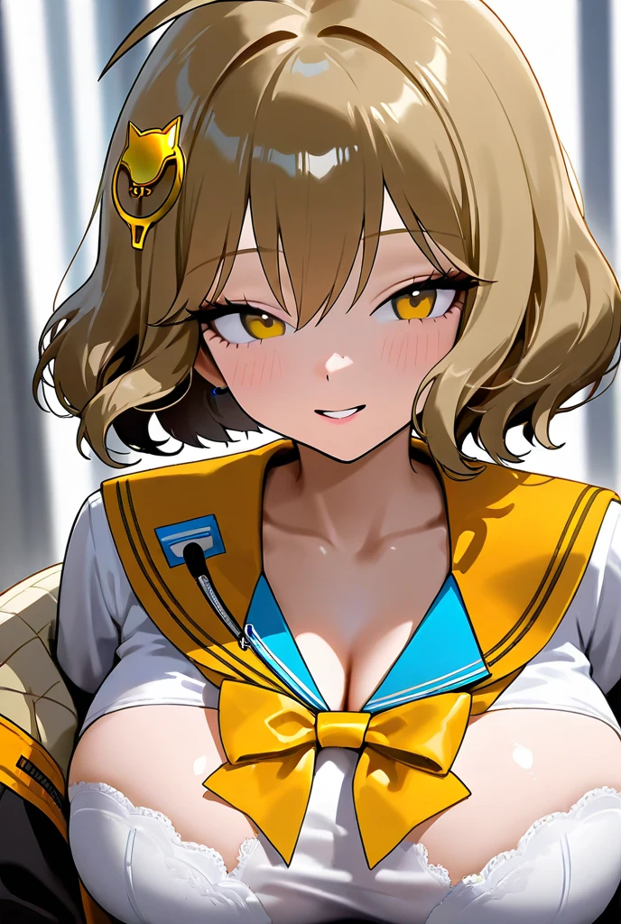 best qualtiy、ultra-detailliert、、1 girl in、独奏、nikkeanis、Cross-eyed、short-hair、open open mouth、large full breasts、Brown hair、hair adornments、brown-eyed、Yellow eyes、beret、cowboy  shot、、