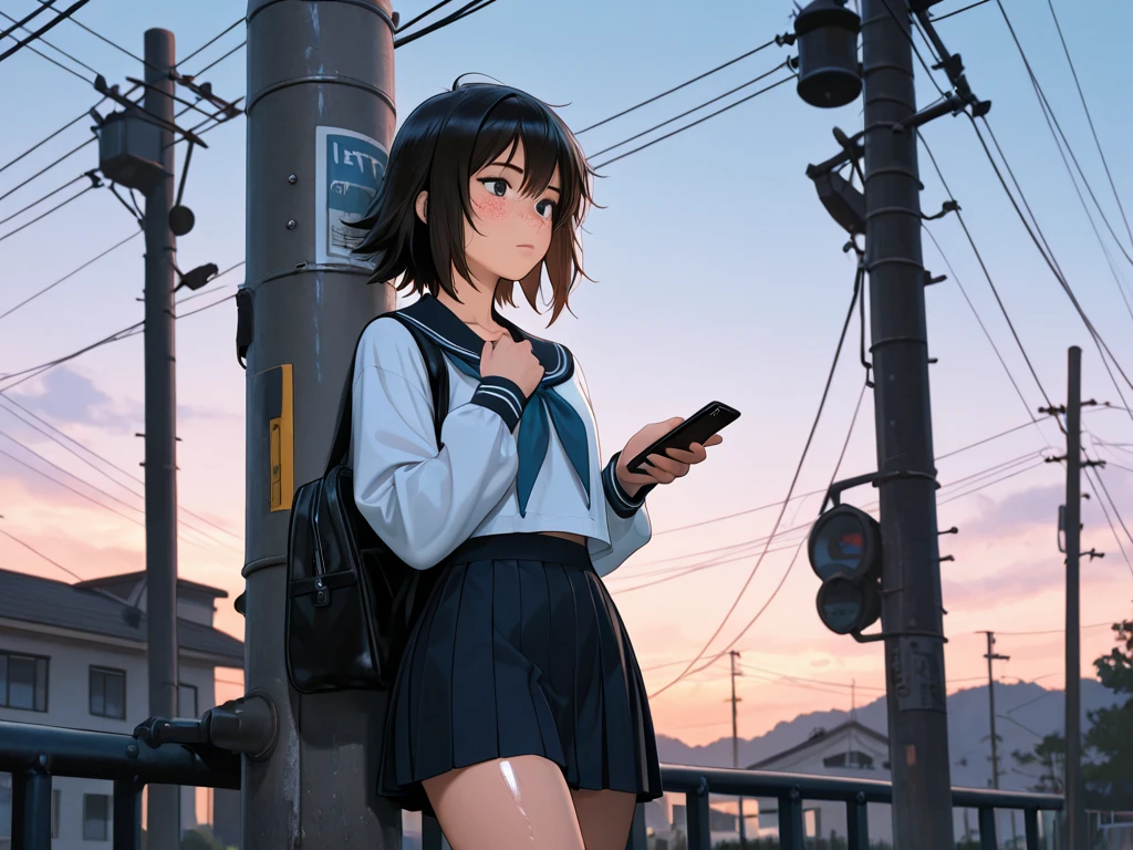 Makoto Shinkai, anime,asian young girl 、 bungs、freckles、high school girl、Black Haired, (detailed eyes) ( beautiful background), (Lean on a telephone pole)  shiny skin,, very detailed, Great Work，vitreous luster , (looking at the smartphone) cowboy shot,