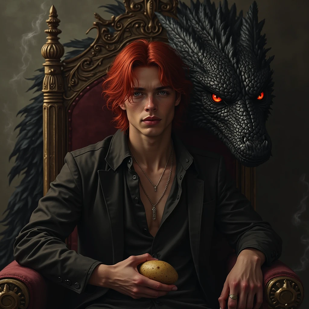 Handsome hot . The scene unfolds with a striking and self-assured ager seated regally on an ornate throne, exuding an aura of quiet confidence. Their crimson red hair cascades down in loose waves, glowing like embers under the dim light, perfectly complementing their piercing crimson eye—a gaze that seems to hold secrets beyond their years. The other eye is concealed by a few strands of hair, adding an air of mystery.

Despite the grandeur surrounding them, this cool  nonchalantly holds a simple potato—its earthy simplicity contrasting sharply with the opulence of the moment, almost as though it's a symbol of their grounded nature amidst all the power.

Behind the throne looms a massive black dragon, its obsidian scales glinting faintly in the low light. Its golden eyes gleam with intelligence and loyalty, watching over the young ruler like a guardian spirit. Smoke curls lazily from its nostrils, blending into the misty atmosphere, while its presence adds both intimidation and majesty to the tableau.

This image captures the essence of paradox: raw power tempered by humility, ancient strength paired with youthful rebellion, and the extraordinary intertwined with the mundane—all embodied by a single figure holding court over their world, one potato at a time.
