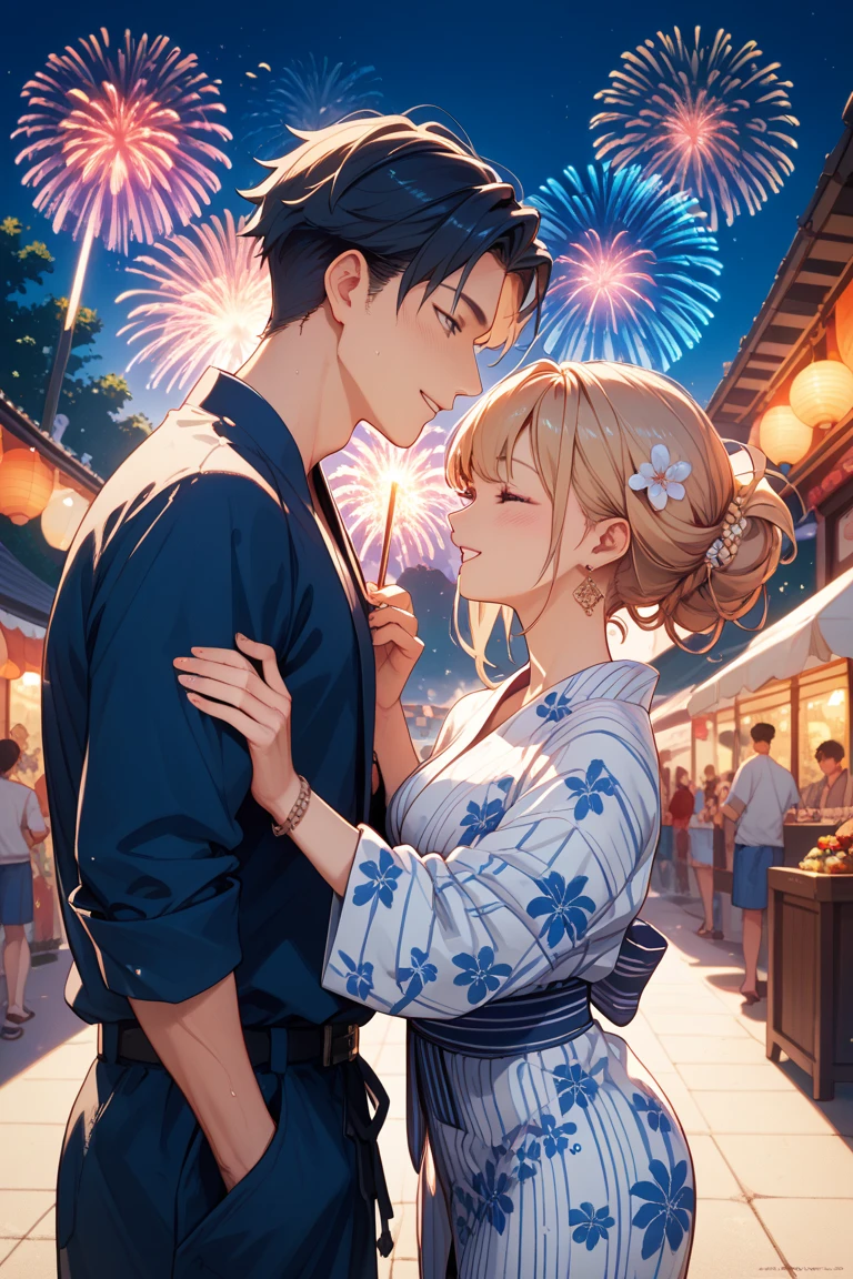 (Indian guy brown skin with long) and (Japanese girl) wearing kimono holding hands as they watch the fireworks festival in Japan
