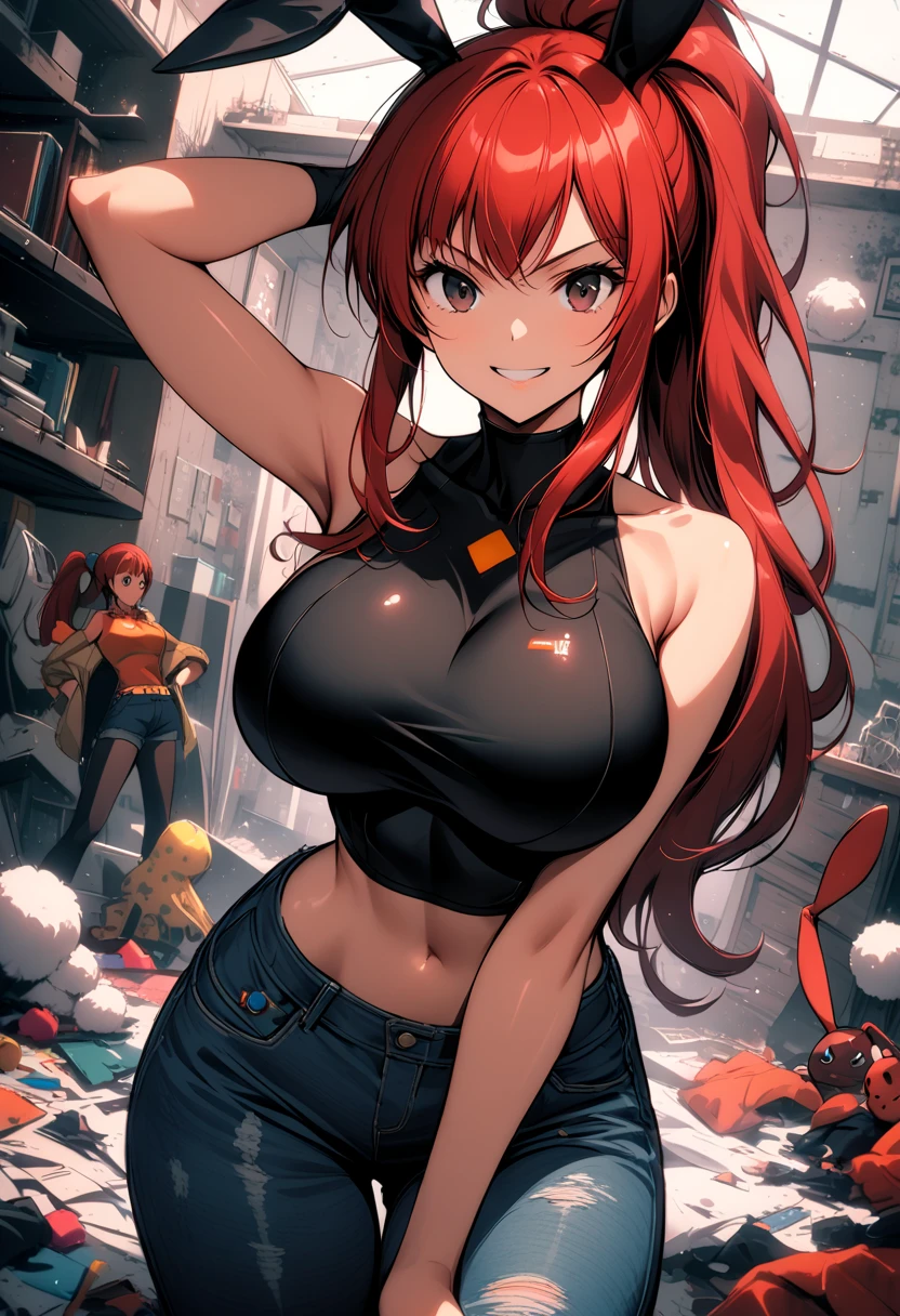 sunsethuman, a beautiful woman with two-tone hair, red and yellow, wearing a white cabbie hat, red tube top, white booty shorts, and red gogo boots, smiling in a sunset landscape, detailed facial features, photorealistic, highly detailed, 8k, masterpiece, vibrant colors, full body view
