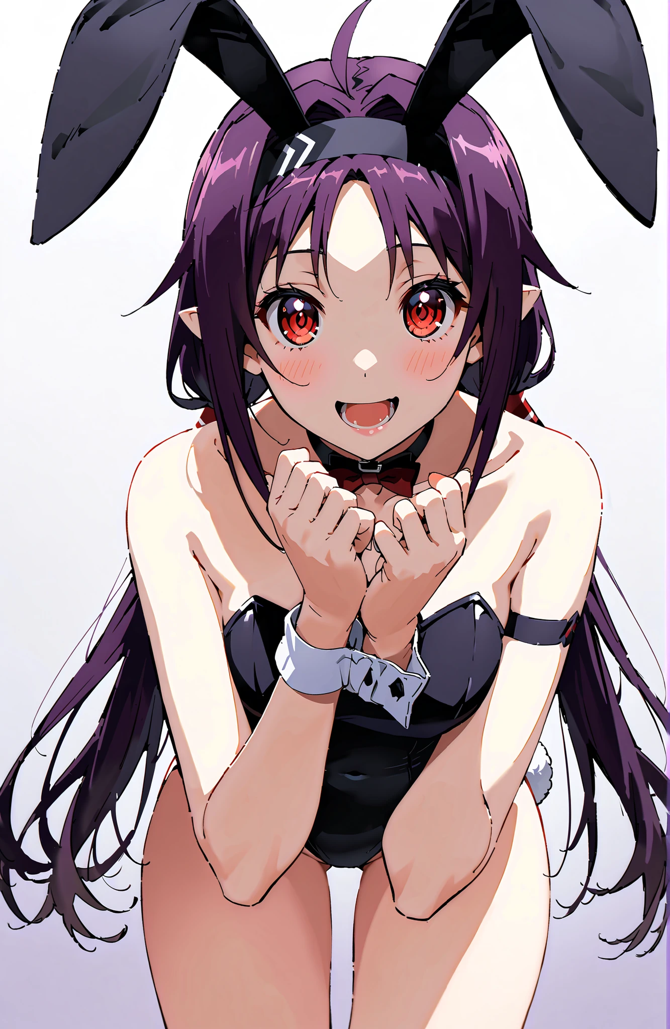 yuukikonno, yuuki konno, Headband, long hair, pointed ears, purple hair, red eyes,stupid hair,Low Twin Tails,smile,blush,open your mouth,bare shoulder,Bare clavicle,Bare neck,rabbit pose, Playboy Bunny, rabbit ears, strapless leotard, fake animal ears , rabbit tail, leotard, detachable collar, wrist cuff as pmaru,Bare legs,standing,full bodyがイラストに入るように,simple background(white),
break looking at viewer,full body,
break (masterpiece:1.2),top quality ,Kampala,unity 8k 壁紙,(shape:0.8),( fine, beautiful eyes :1.6),It's a person ,full body写真,CG Details , (perfect hand,Complete Anatomy),