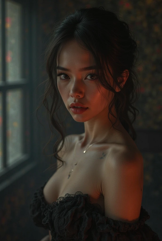 Highest quality, masterpiece, Ultra-high resolution, (Realistic:1.5), RAW Photos, 1 Girl, ((( In the Dark, Deep Shadow))), secret key, Cold Light,Dimly lit room、 ((Sexy Looks)), Small breasts、Black see-through camisole over naked body、