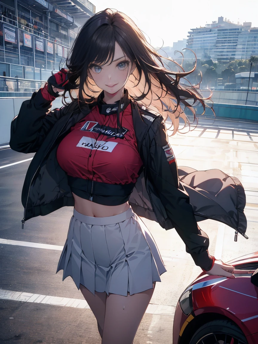 ((Highest quality)), ((masterpiece)), (detailed), Perfect Face, ((Highest quality, 8k, masterpiece: 1.3)), Sharp focus Beautiful woman with perfect body, Slim abdomen, Highly detailed face and skin texture, detailedな目, double eyelid, smile, Black Hair, Heart Earrings, Race Queen, FI turns around, background (Become a car), Race Queenコスチューム, Sunburned skin, Brown Skin