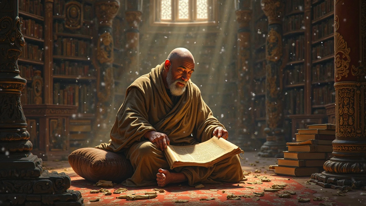 In a dusty ancient library, the monk studies a faded scroll that reads “You do not need to become anyone.”