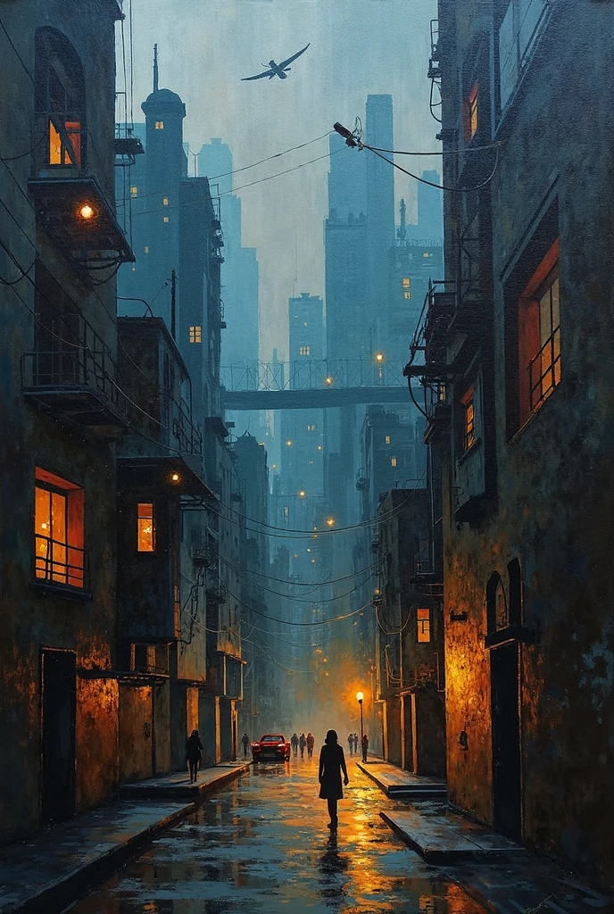  A painting of a dark and dark city with the light of a candle shining light in the middle and a guest of Picasso style 