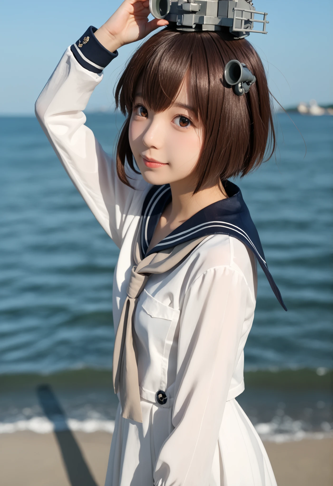 realistic, pictures, (cute:1.2),score_9,score_8_up,score_7_up,sauce_anime,cowboy shot,masterpiece,top quality,Detail Background,very detailed,1 girl,1 girl,yukikaze (KanColle), brown hair, brown eyes in the oral vagina,small breasts,short hair, sailor dress,dress,sailor color,long sleeve,neckerchief,grey neckerchief,white dress,black sailor color,dawn,looked back,sea