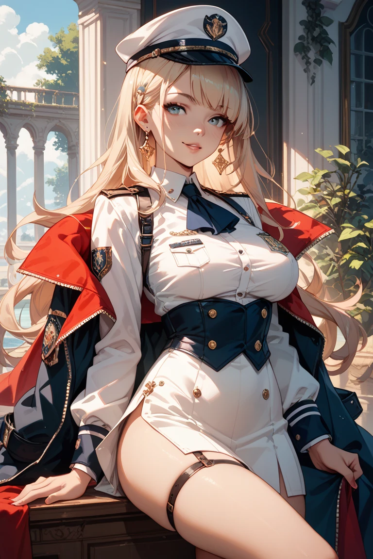 (UHD, retina, masterpiece, accurate, anatomically_correct, textured_skin, super_detail, high_details, high_quality, best_quality, high_res, 1080P, HD, 4K, 8k, 16k), (beautiful_detailed_eyes, beautiful_detailed_lips, extremely_detailed_eyes_and_face), soft_lighting, physically-based_rendering, vivid_colors, (large_breasts:1.5), (shiny_hair, shiny_skin, tanned_skin, blush), (bangs:1.5), eye_reflection, (bokeh, cockpit, science_fiction), smile_and_laugh, (military_cap, military_uniform_coat, rank_insignia, throw:1.5),