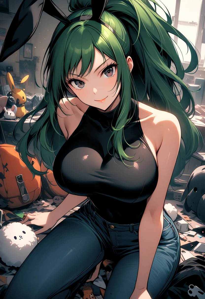 (masterpiece、Highest quality、Very detailed))、One girl、Black Hair、Long Hair、Wavy Hair、blunt bangs、Grey Eyes、evilsmile、((Grin))、((lots of piercing))、((Pointed Ears))、Large Breasts、((Dark green tattered camisole))、((torn clothes))、Cowboy Shot、thighs、kneeling、((Dark Room))、Brick wall、