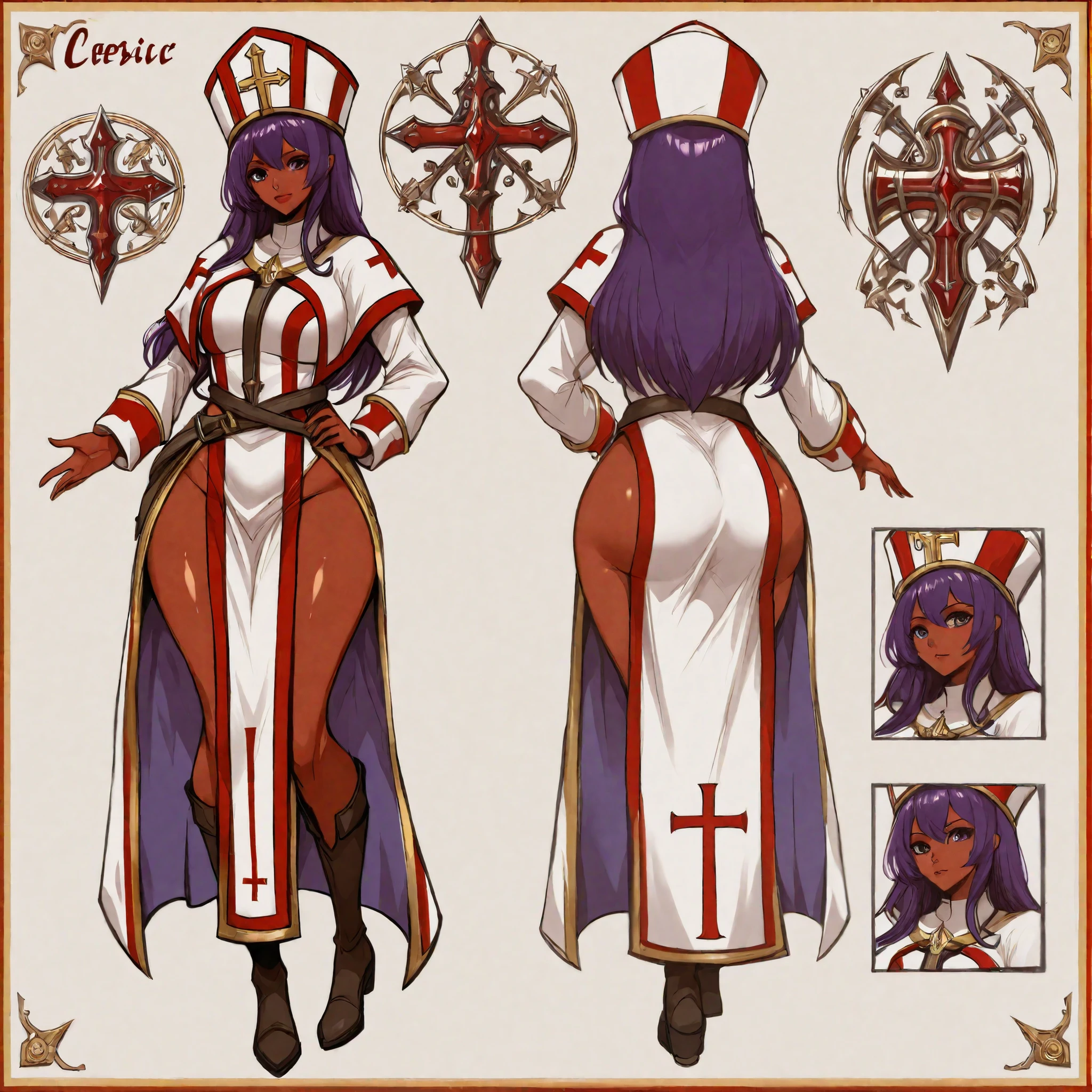 unique fantasy themed female full-body artwork, cleric, thick body, dark red skin color, cleric outfit, purple hair, character design sheet, dynamic standing pose