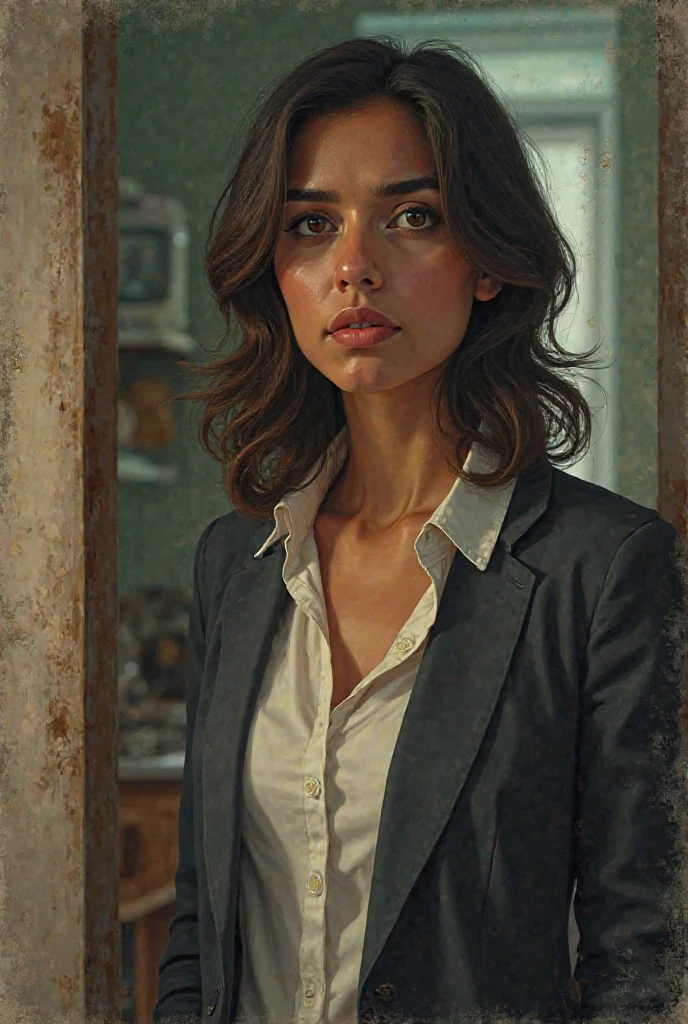 Abstract image of a Latin woman coming home from her office with a touch of tiredness but willing to continue with household chores