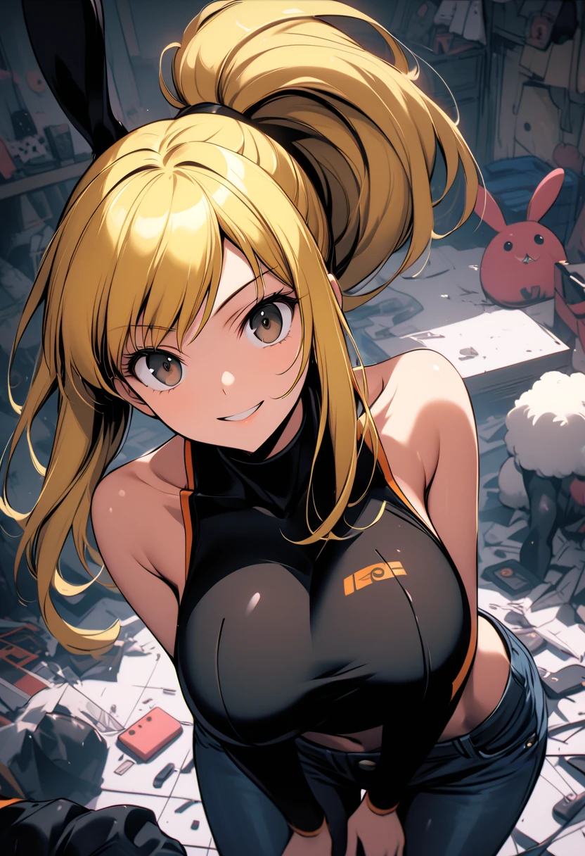 Yaku, 1GIRL, HAIR BOW, RED JAPANESE CLOTHES, SLEEVELESS, SASH, BANDAGED ARM, BLACK THIGHHIGHS, solo, facing viewer, looking at viewer, upper body, smile., ultra long hair, messy hair, cleavage