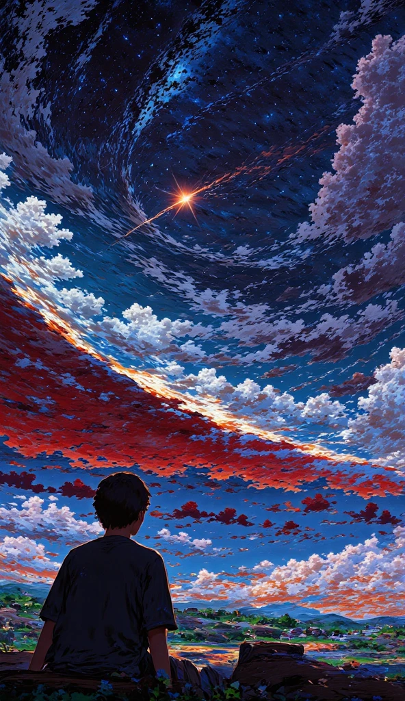 High quality 8K Ultra HD anime style digital illustration with great detail: A masterpiece . Anime scenario of a boy in a black t-shirt sitting on a bench on a high hill looking up at the sky (The sky is a masterpiece of white red clouds with orange-yellow borders and a blue background) , each with intricate details . Long exposure starry sky background , with a focus on the stars , beautiful peaceful anime scene , Summer sun , sunset , nostalgic anime art background , Makoto Shinkai !,  Anime film background  , the best of seaart HD 8K .