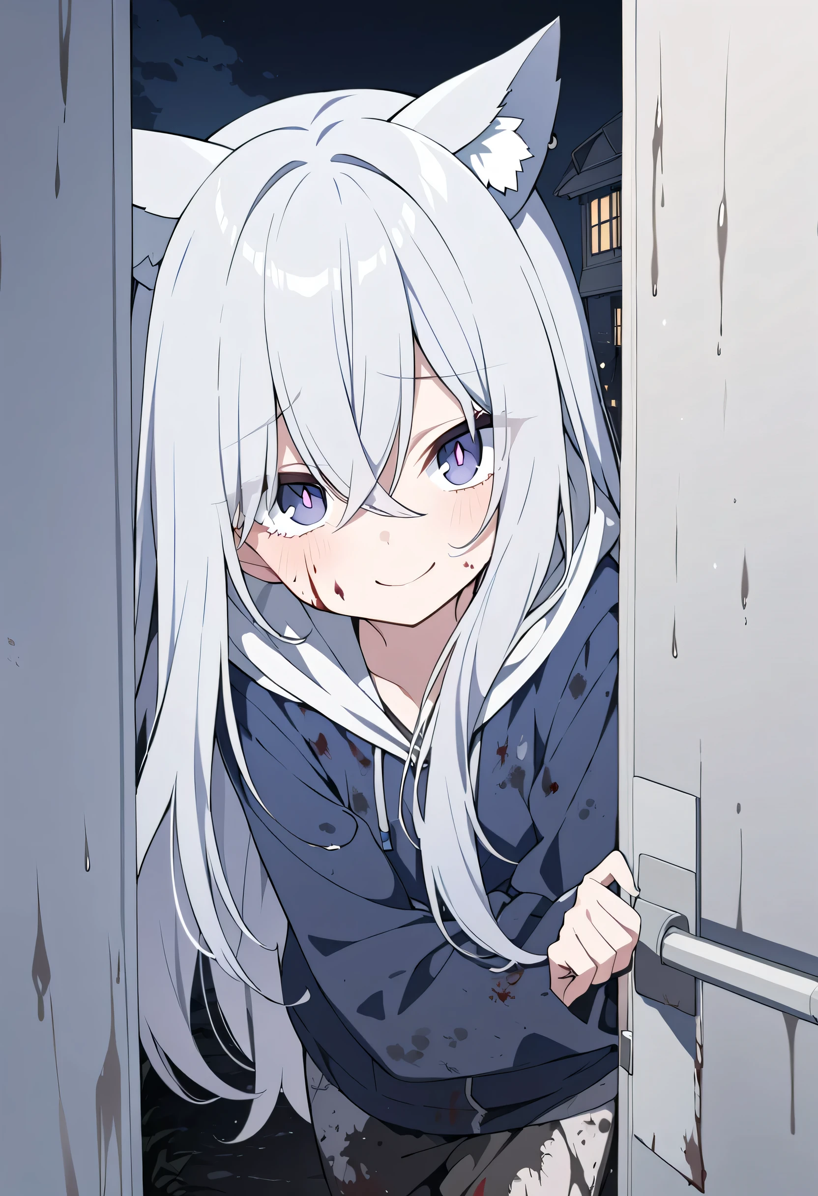 long hair,Silver Hair, girl, gray wolf ears,alone,night,Purple Pupils,night,dark blue jacket,dirty clothes(stained with blood),black sweatpants(Be covered with dust),The hair covers the right eye,wearing hood hood up,An evil smile, heads down,Cover one's eyes with a hood,Push open the door ,behind the door,wet clothes,evil