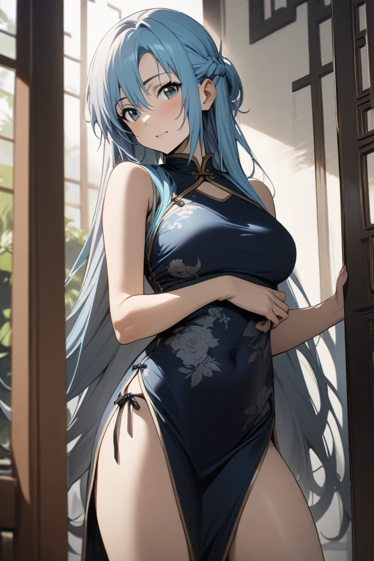 My name is Yukiko.I am a white test woman with long light blue  hair,red eye color.I am 1.62 cm tall . My breasts measure 200 cm, my waist 40 cm and my hips 200 cm. dressed in a tight black dress and with her hair up.  . With big breasts 200 cm