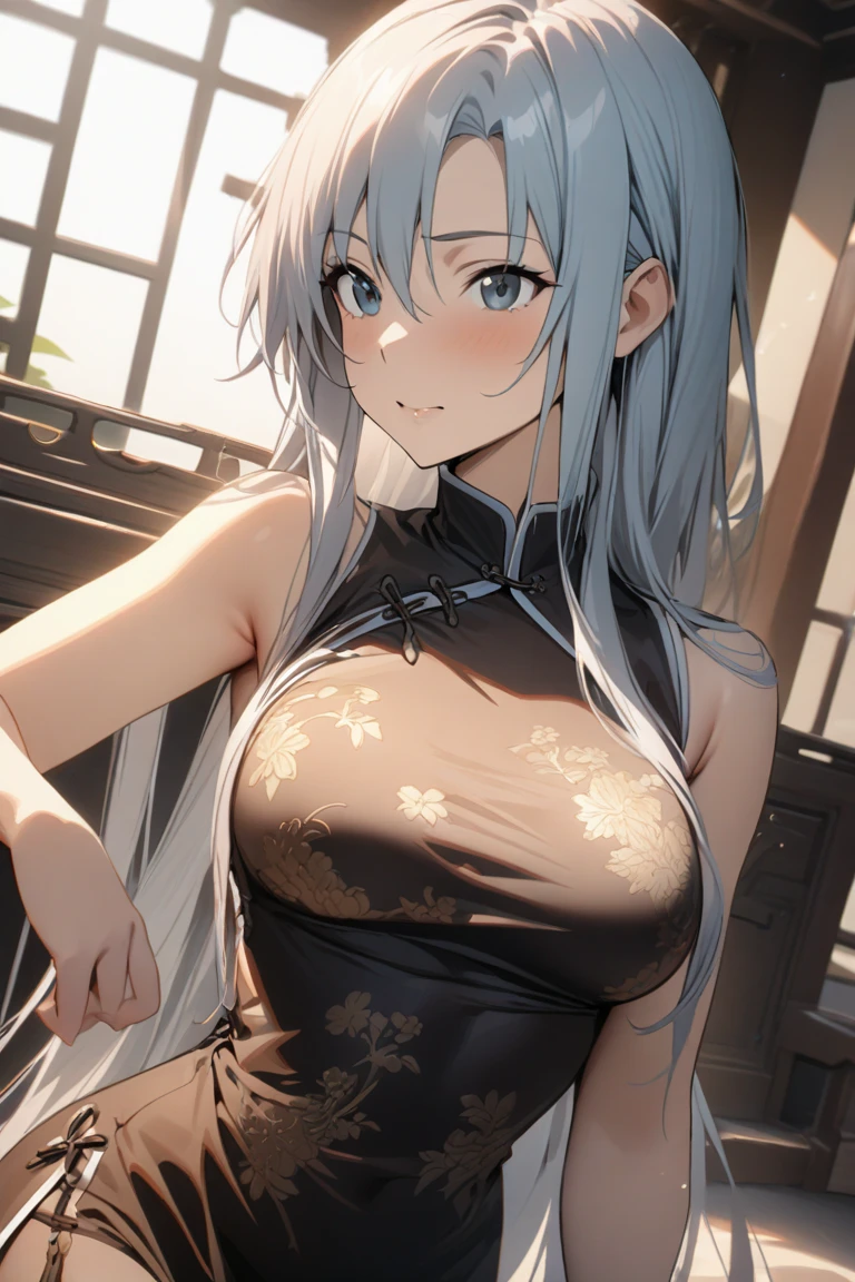 highest quality、All limbs、full finger、light blue hair woman、wavy hair woman、beautiful big breasted woman、Slender beauty、1 female、(((A woman wearing a blue short cheongsam dress:1.3))), golden pattern cheongsam、(((woman wearing brown pantyhose)))、big smile、hands on hips