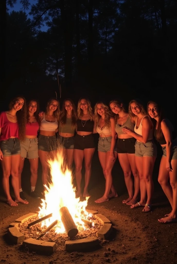 Picture taken with an iPhone. Camping area. Wearing only underwear. Only Two girls. One girl is blonde and the other girl is brunette. They’re around a fire. It’s close to nighttime
